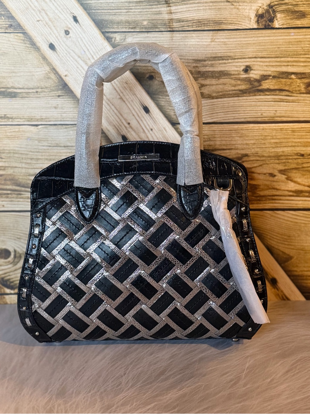 Brahmin Rosetta Castle Glen Premiere Collection Satchel Bag Black Silver Lux